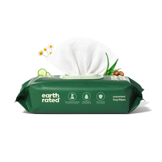Lingettes de toilettage pour chiens et chats Earth Rated (entreprise canadienne), hypoallergéniques, nettoyantes et hydratantes, pour les pattes, le corps et les fesses, sans parfum, 100 unités