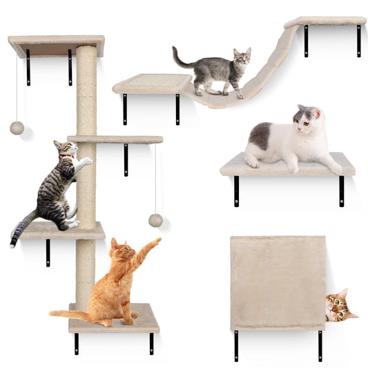 Meubles muraux pour chats Almcmy, ensemble de 4 meubles muraux pour chats, arbre à chat avec griffoir, maison, pont, perchoir flottant, étagères murales modernes pour chats dormant, jouant et grimpant, beige