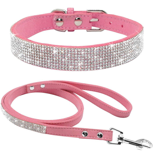 Haoyueer Ensemble collier et laisse pour chien et chat, mignon, éblouissant, élégant, fantaisie, en cuir suédé souple, strass, cristal, bijoux (rose, XXS)