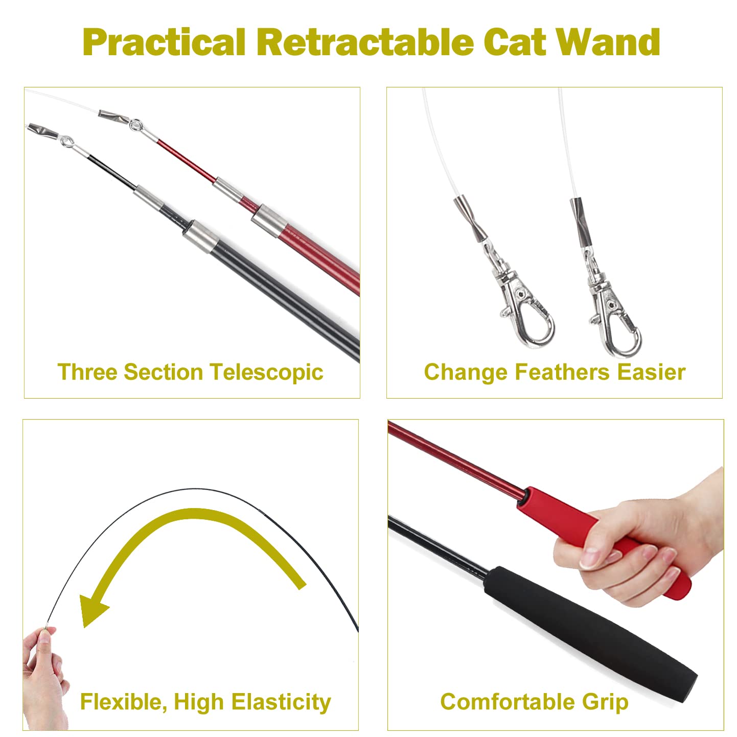 Huidcom Cat Feather Toy Retractable Cat Toys Wand with 2 Wands & 9 Assorted Teaser Refills Interactive Feather Teaser Wand Toy with Bell for Kitten Or Cat Having Fun Exerciser Playing