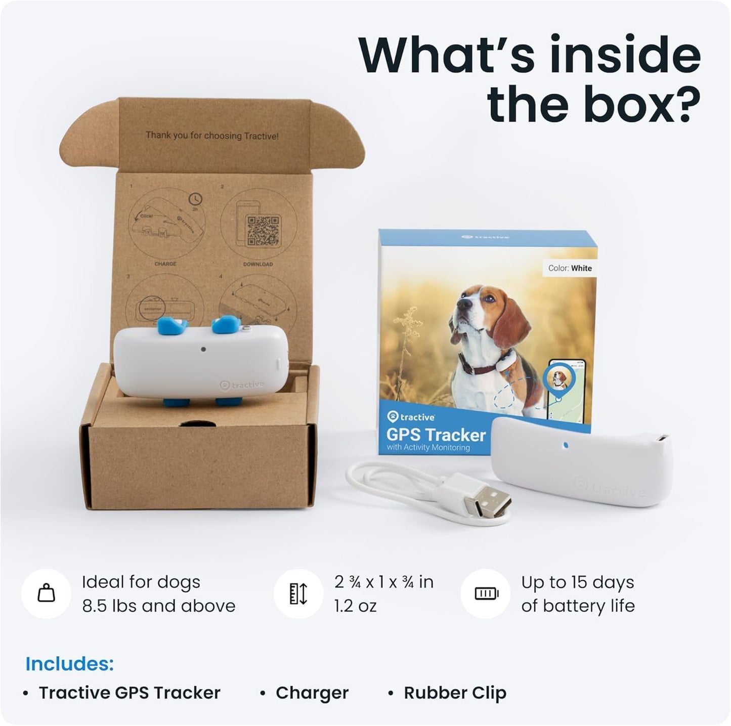 Tractive GPS Pet Tracker for Dogs - Waterproof, GPS Location & Smart Pet Activity Tracker, Unlimited Range, Works with Any Collar (White)