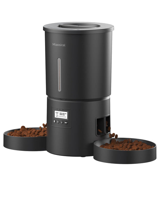 Miaosical Dual Automatic Cat Feeder 2 Cats,6 Meals/Day,12 Portions/Meal,4.2L Dual Power Double Bowls Feeder,Dry Food Auto Pet Dispenser,10S Voice Record,Flexible Schedule Timer(Black,Basic 2 Bowls)