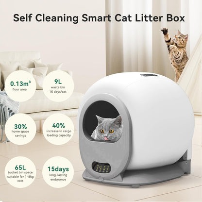 Bac à litière autonettoyant 65 L, grand bac à litière automatique pour plusieurs chats, isolation des odeurs/contrôle par application/protection de sécurité, bac à litière pour chat autonettoyant avec sac à déjections, anti-pincement