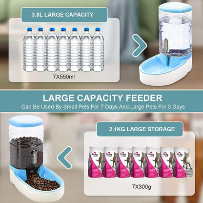 Meikuler Pets Auto Feeder 3.8L,Food Feeder and Water Dispenser Set for Small & Big Dogs Cats and Pets Animals (Blue)