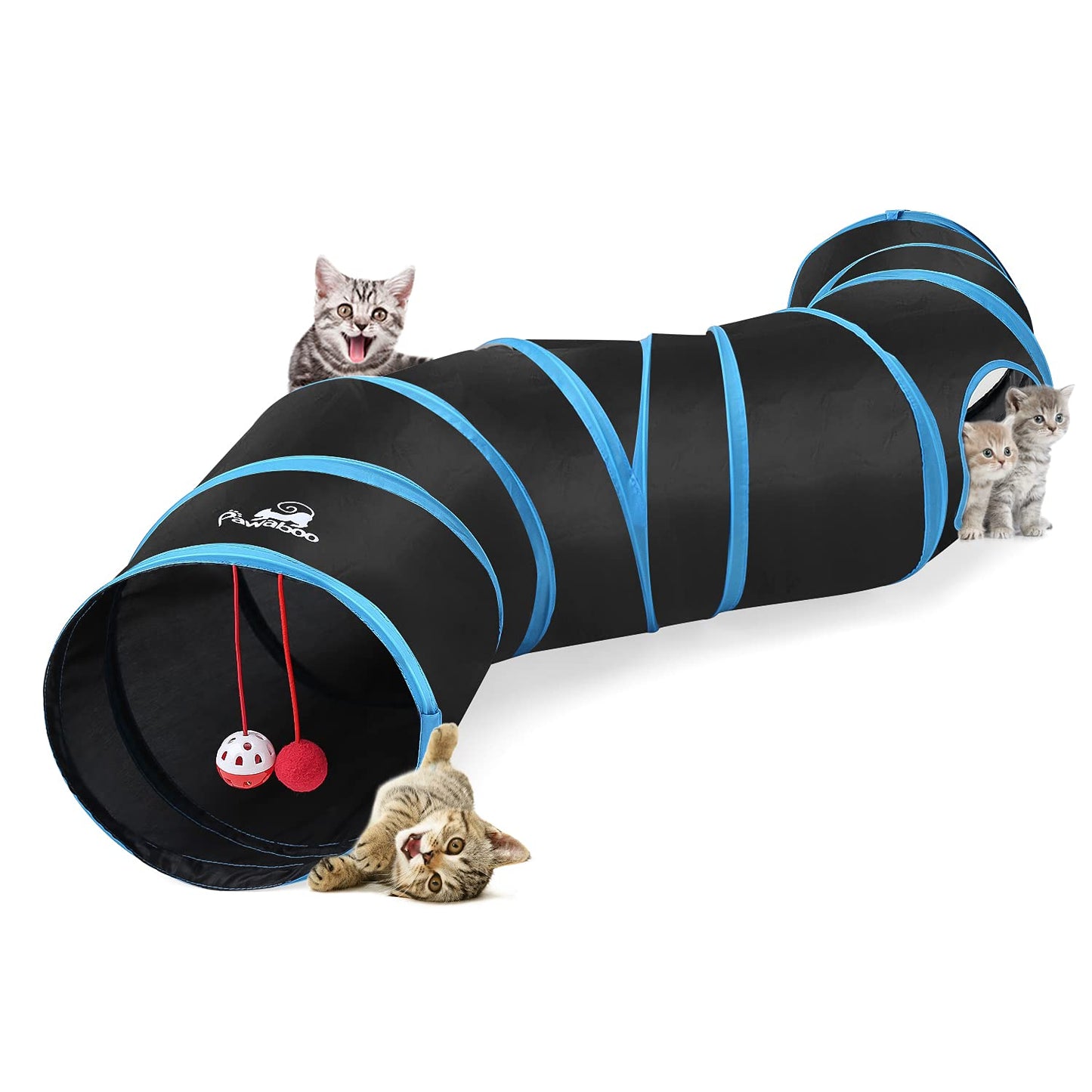 Pawaboo Cat Toys, Cat Tunnel Tube S-Shaped Tunnels 25x97cm Extensible Collapsible Cat Play Tent Interactive Toy Maze Cat House with Balls and Bells for Cat Kitten Kitty Rabbit Small Animal, Blue