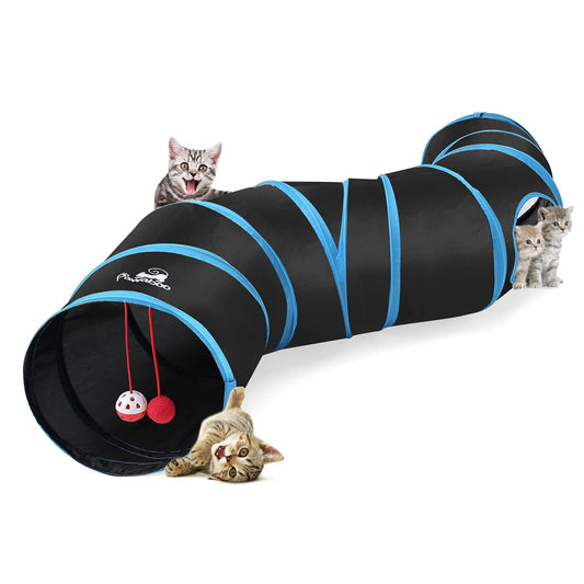 Jouets pour chat Pawaboo, tunnel en forme de S, extensible et pliable, 25 x 97 cm, tente de jeu interactive, labyrinthe, maison pour chat avec balles et clochettes, pour chat, chaton, lapin, petit animal, bleu
