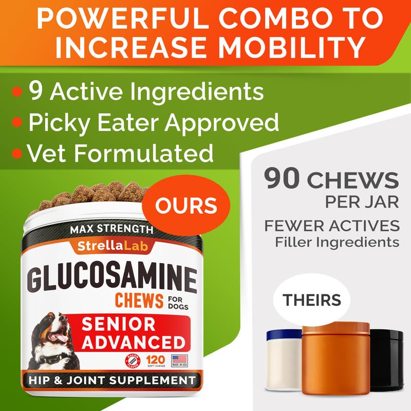 Senior Advanced Glucosamine Joint Supplement for Dogs - Hip & Joint Pain Relief - Small + Large Breeds -Omega-3 Fish Oil - Chondroitin, MSM- Mobility Soft Chews for Older Dogs - Bacon Flavor - 120Ct