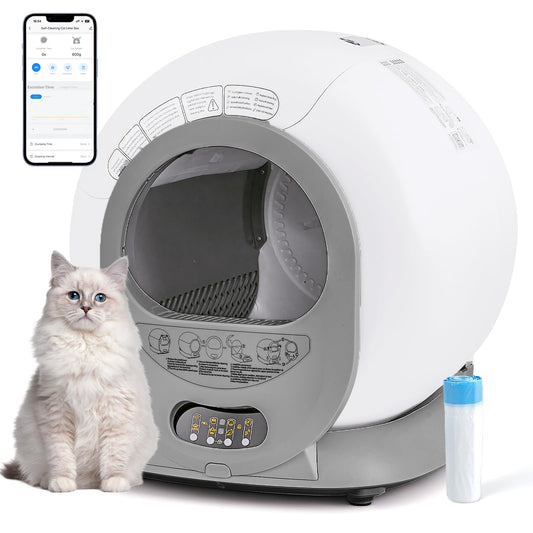 Bac à litière autonettoyant 65 L, grand bac à litière automatique pour plusieurs chats, isolation des odeurs/contrôle par application/protection de sécurité, bac à litière pour chat autonettoyant avec sac à déjections, anti-pincement