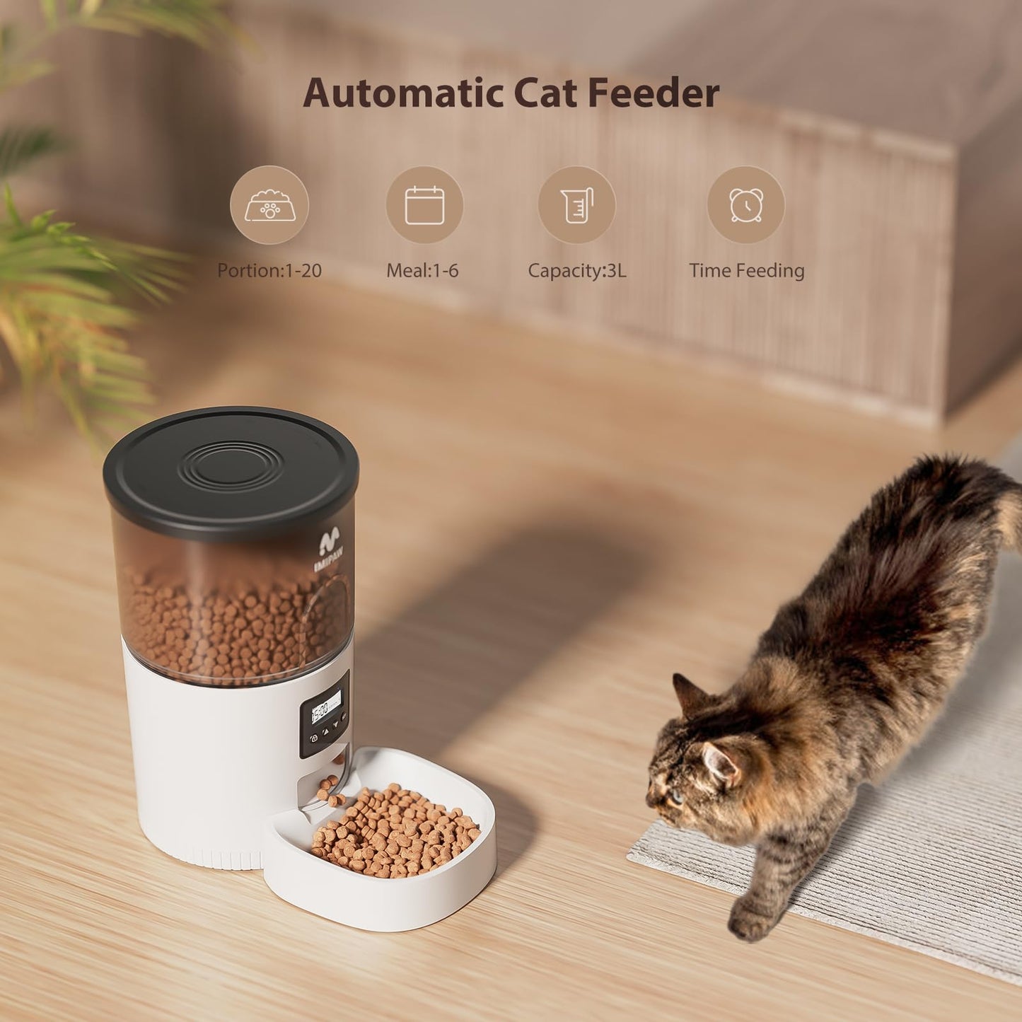 IMIPAW Automatic Cat Feeders, 3L Timed Cat Dry Food Dispenser with Anti-Clogging Design, Auto Pet Feeder for Cats and Dogs, 1-6 Meals Per Day