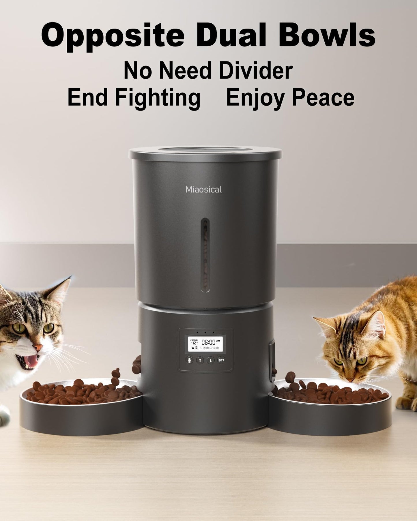 Miaosical Dual Automatic Cat Feeder 2 Cats,6 Meals/Day,12 Portions/Meal,4.2L Dual Power Double Bowls Feeder,Dry Food Auto Pet Dispenser,10S Voice Record,Flexible Schedule Timer(Black,Basic 2 Bowls)