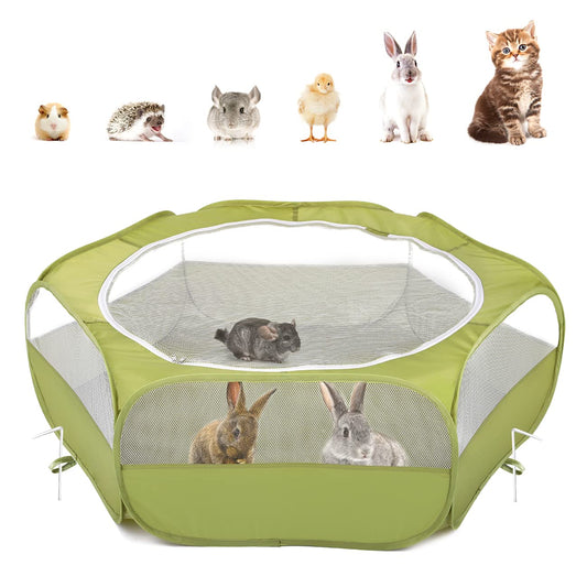 Parc pour petits animaux Pawaboo, tente cage étanche avec housse zippée, clôture d'extérieur portable avec 3 tiges métalliques pour poussins, chatons, chiots, cochons d'Inde, lapins, hamsters et chinchillas, vert