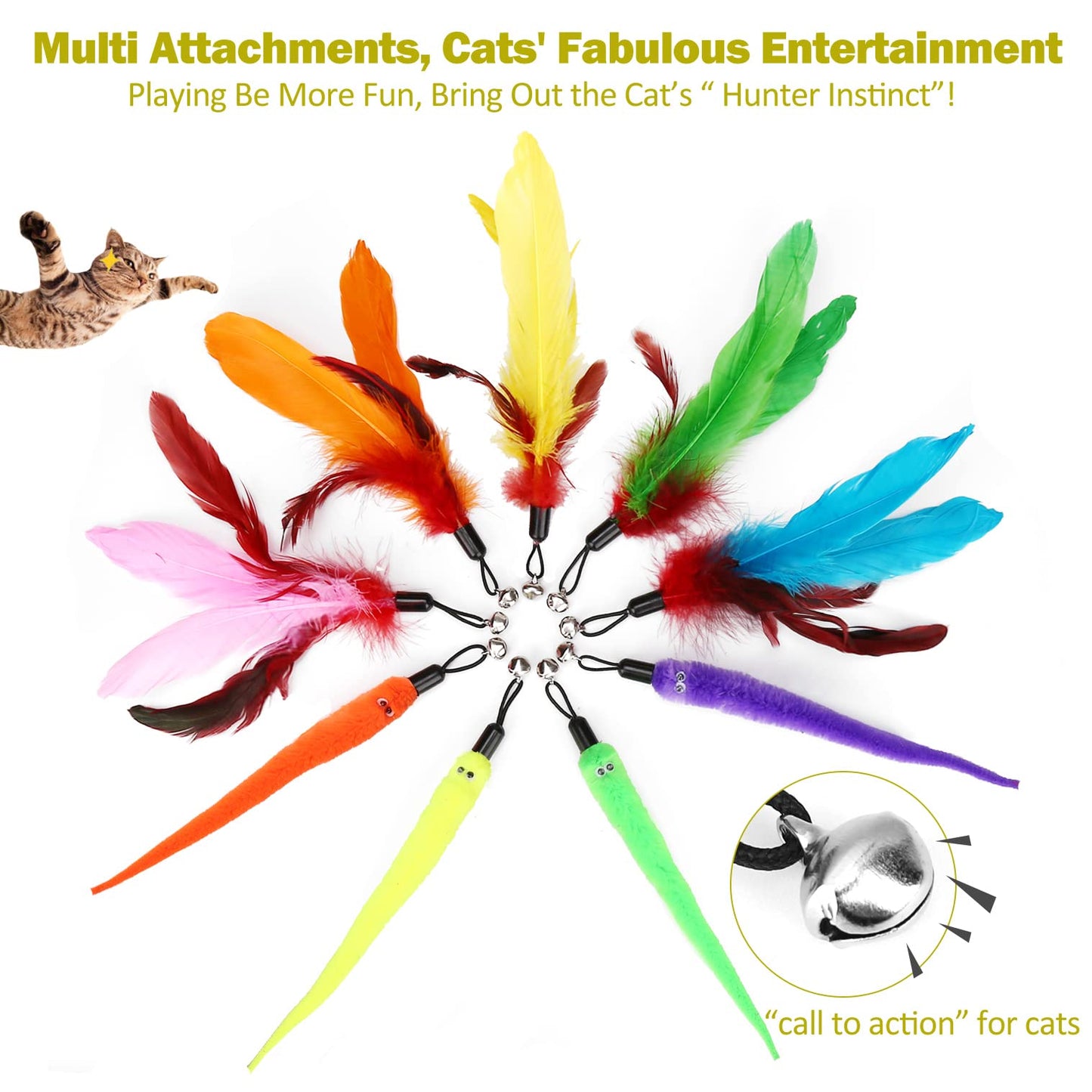 Huidcom Cat Feather Toy Retractable Cat Toys Wand with 2 Wands & 9 Assorted Teaser Refills Interactive Feather Teaser Wand Toy with Bell for Kitten Or Cat Having Fun Exerciser Playing