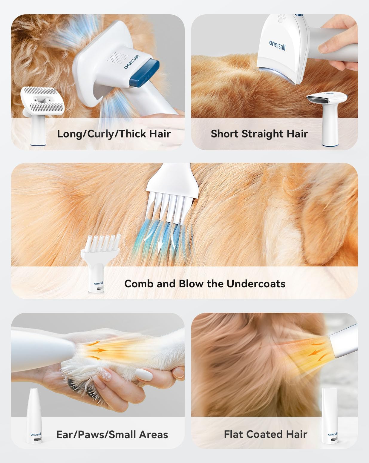 oneisall Dog Vacuum & Dryer for Shedding Grooming, 8 in 1 Dog Grooming Kit with Metal Blades Pet Clippers, Adjustable Speed and Temperature Control Dog Blower