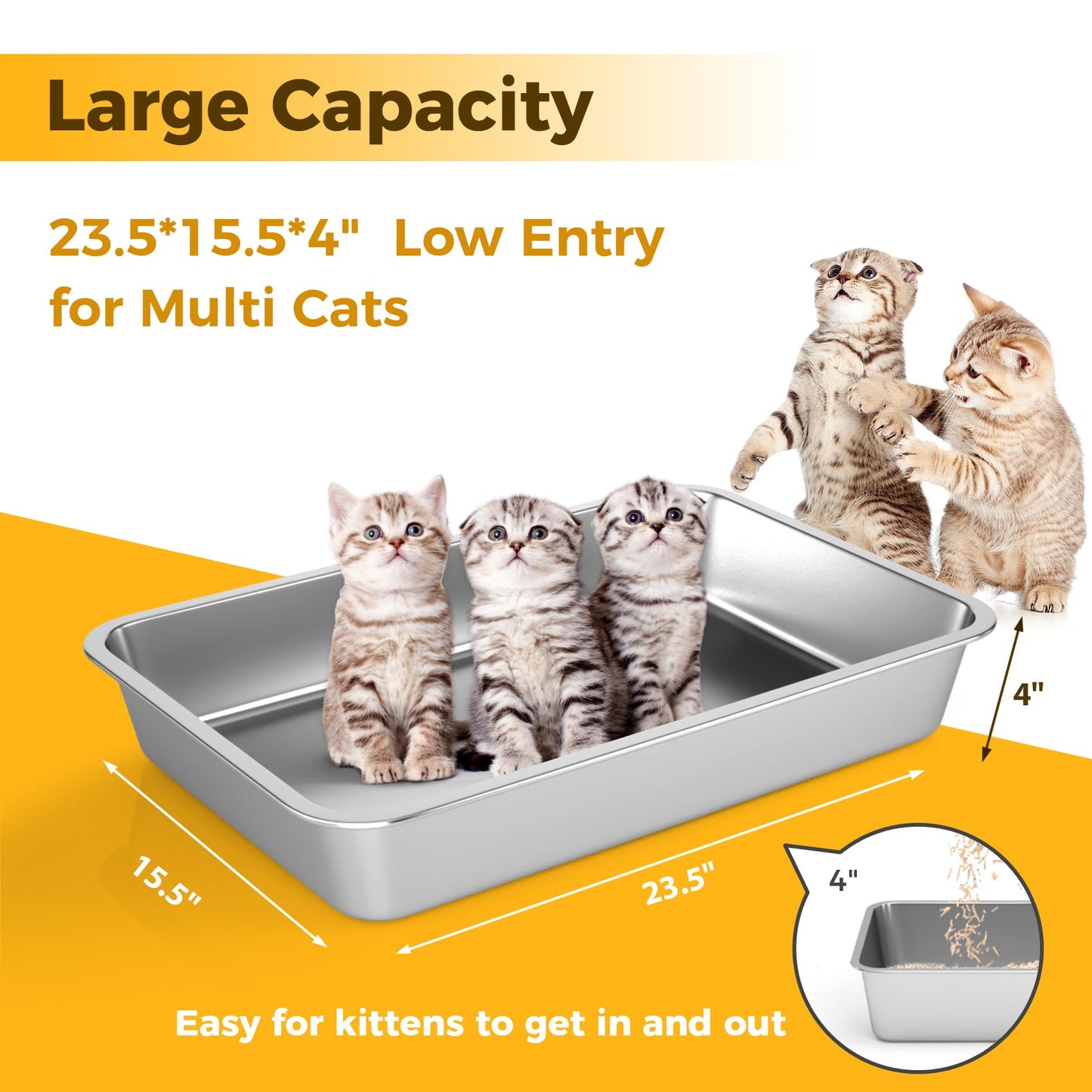 LIHONG Stainless Steel Cat Litter Box,Large Metal Litter Box for Small Cats Hamster Rabbits,No Smell,Non Stick,Easy to Clean(23.5 Lx15.5 Wx4 H,L)
