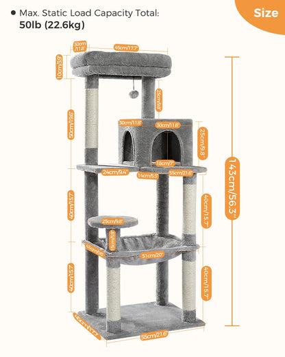 PEQULTI Cat Tree for Large Cats with Metal Frame Big Hammock, Cat Tower for Indoor Cats with 2 Door Condo House, [56.3"=143cm] Multi-Level Cat Shelves with Scratching Posts and Top Perch, Grey