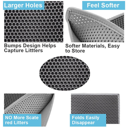 Pieviev Cat Litter Mat Trapper - 76 x 61cm Honeycomb Double Layer Tapis Litiere Chat -Traps Messes, Easy Clean and Durable (Gray)