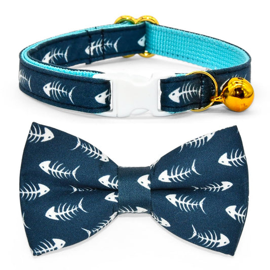 Collier pour chat en forme d'arête de poisson avec nœud papillon, collier de sécurité détachable, accessoires pour chat pour mariage/anniversaire, nœud papillon réglable, grelot amovible