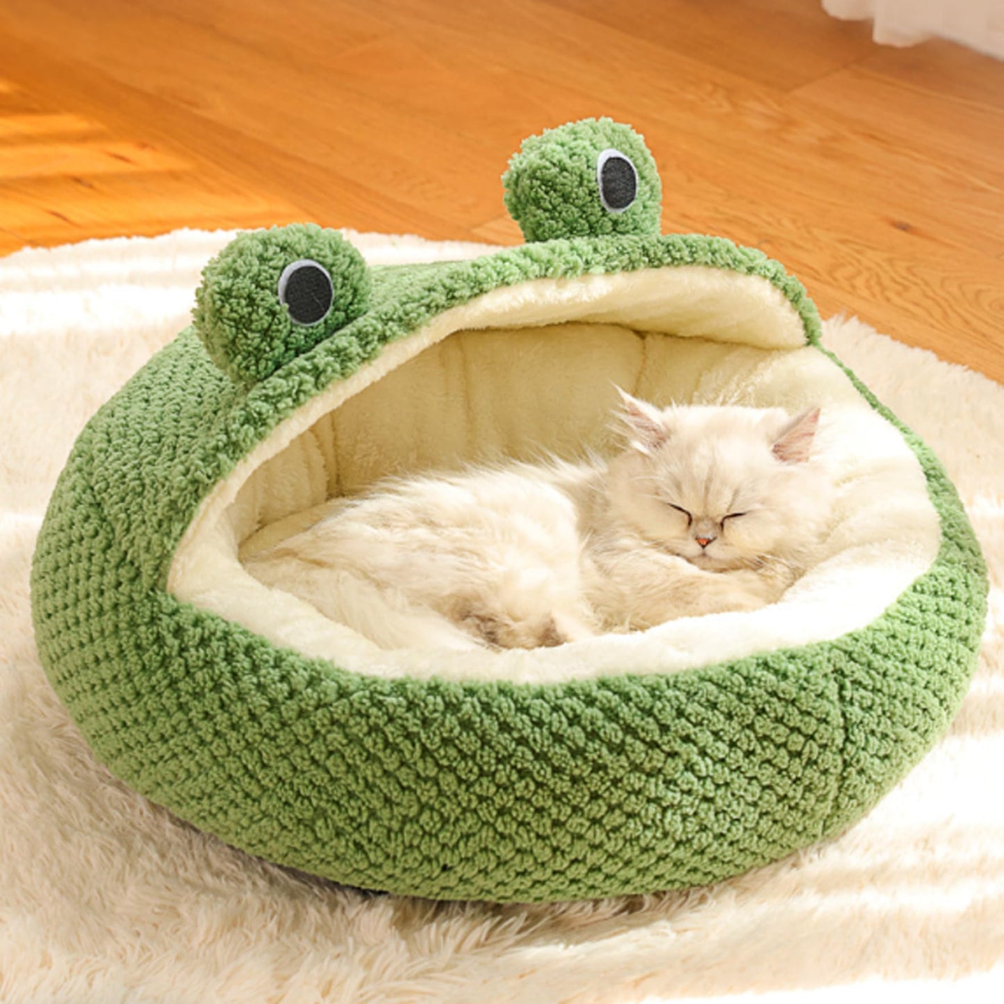 Pet Bed Dog Bed Cat Bed Frog Cat Bed Long Plush Winter Autumn Thermal Cute Cartoon Non-Slip Pet Bed Detachable Insert Soft Dampproof Cat Bed, Round with Half Roof