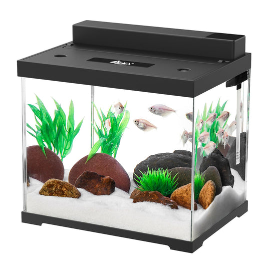 Petit aquarium en verre AQQA, kit de démarrage autonettoyant de 2,4 gallons, contrôleur externe USB, éclairage réglable 4 couleurs, système de filtration supérieur à commande individuelle (noir)