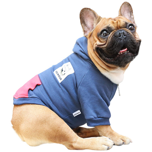iChoue Pet Clothes Sweat à capuche zippé pour chien Bouledogue français Frenchie Carlin Corgi Chiot Manteau d'hiver chaud en coton Bleu marine Taille S