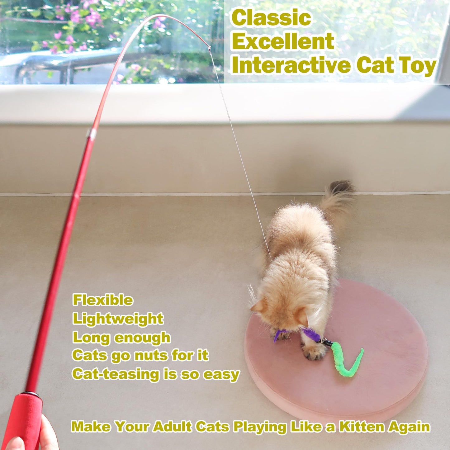 Huidcom Cat Feather Toy Retractable Cat Toys Wand with 2 Wands & 9 Assorted Teaser Refills Interactive Feather Teaser Wand Toy with Bell for Kitten Or Cat Having Fun Exerciser Playing