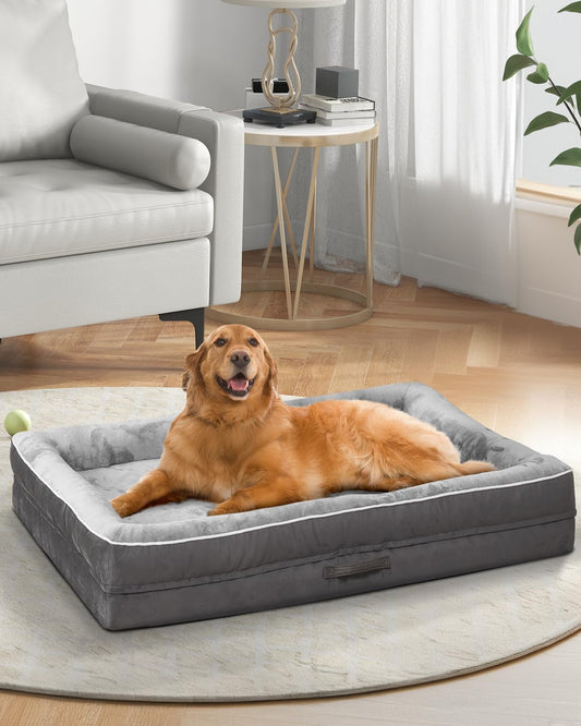 Grand panier orthopédique pour chien, canapé en mousse à mémoire de forme avec housse amovible et lavable, imperméable avec fond antidérapant et coussin traversin à quatre côtés, gris pour chien de grande taille.