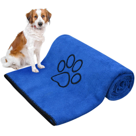 Serviette de bain ultra-absorbante en microfibre KinHwa pour chien, grande taille, avec motif de patte brodé (bleu foncé, 76 x 127 cm)