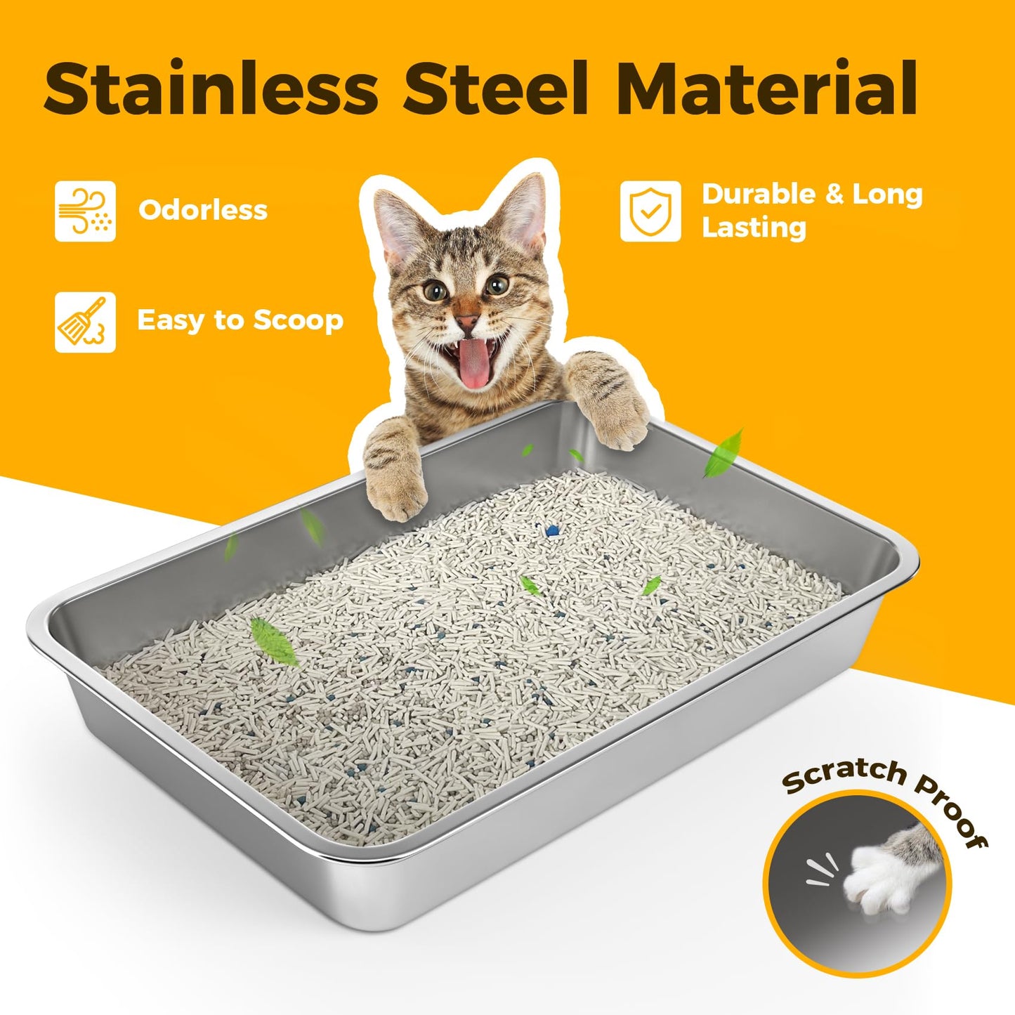 LIHONG Stainless Steel Cat Litter Box,Large Metal Litter Box for Small Cats Hamster Rabbits,No Smell,Non Stick,Easy to Clean(23.5 Lx15.5 Wx4 H,L)