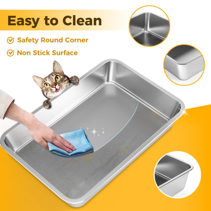 LIHONG Stainless Steel Cat Litter Box,Large Metal Litter Box for Small Cats Hamster Rabbits,No Smell,Non Stick,Easy to Clean(23.5 Lx15.5 Wx4 H,L)