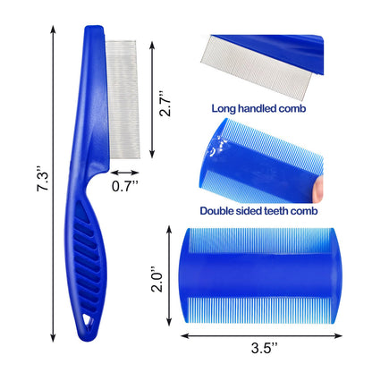 Qancekoo 4 Different Kinds of Flea Combs, Stainless Steel Round Teeth Dog Cat Lice Combs, Durable Fine Tooth Pet Tear Stain Remover Tool (Blue)
