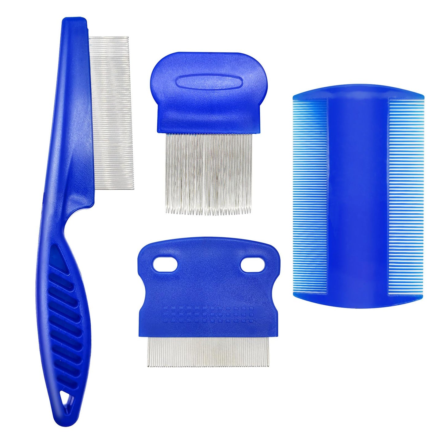 Qancekoo 4 Different Kinds of Flea Combs, Stainless Steel Round Teeth Dog Cat Lice Combs, Durable Fine Tooth Pet Tear Stain Remover Tool (Blue)