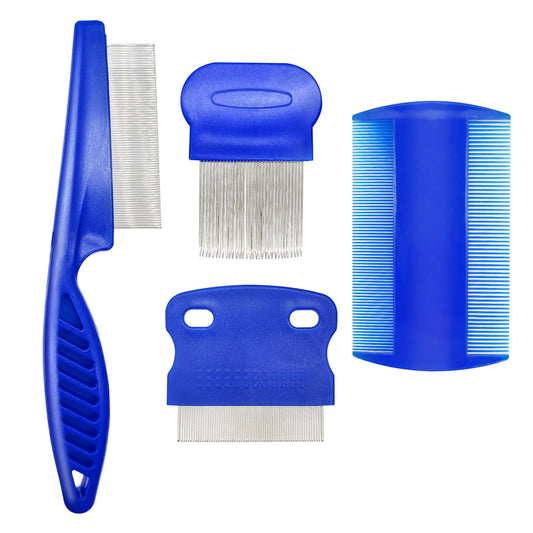 Qancekoo 4 Different Kinds of Flea Combs, Stainless Steel Round Teeth Dog Cat Lice Combs, Durable Fine Tooth Pet Tear Stain Remover Tool (Blue)