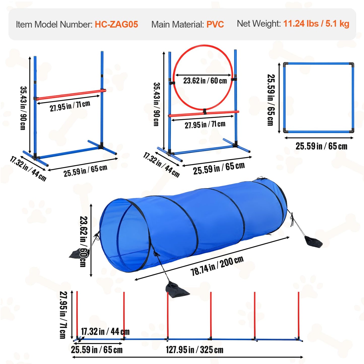 VEVOR Dog Agility Training Equipment, 5 PCS Set with Adjustable High Hurdles,6 Weave Poles, Tunnel, Jump Ring, Pause Box, Whistle, Foldable Bowl, Puppy Obstacle Course Kit with Storage Bags