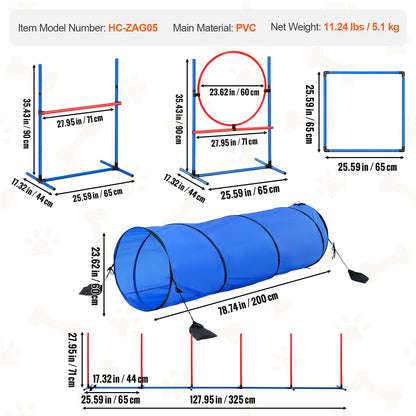 VEVOR Dog Agility Training Equipment, 5 PCS Set with Adjustable High Hurdles,6 Weave Poles, Tunnel, Jump Ring, Pause Box, Whistle, Foldable Bowl, Puppy Obstacle Course Kit with Storage Bags