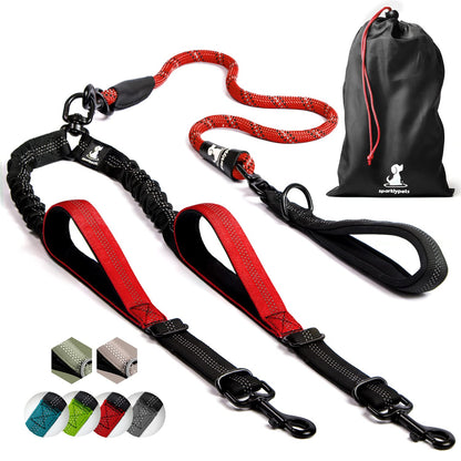 SparklyPets Double Leash for 2 Dogs – Rope Bungee Dual Leash for Medium and Large Breeds with Padded Handles & Tangle Free (Red, for 2 Dogs)