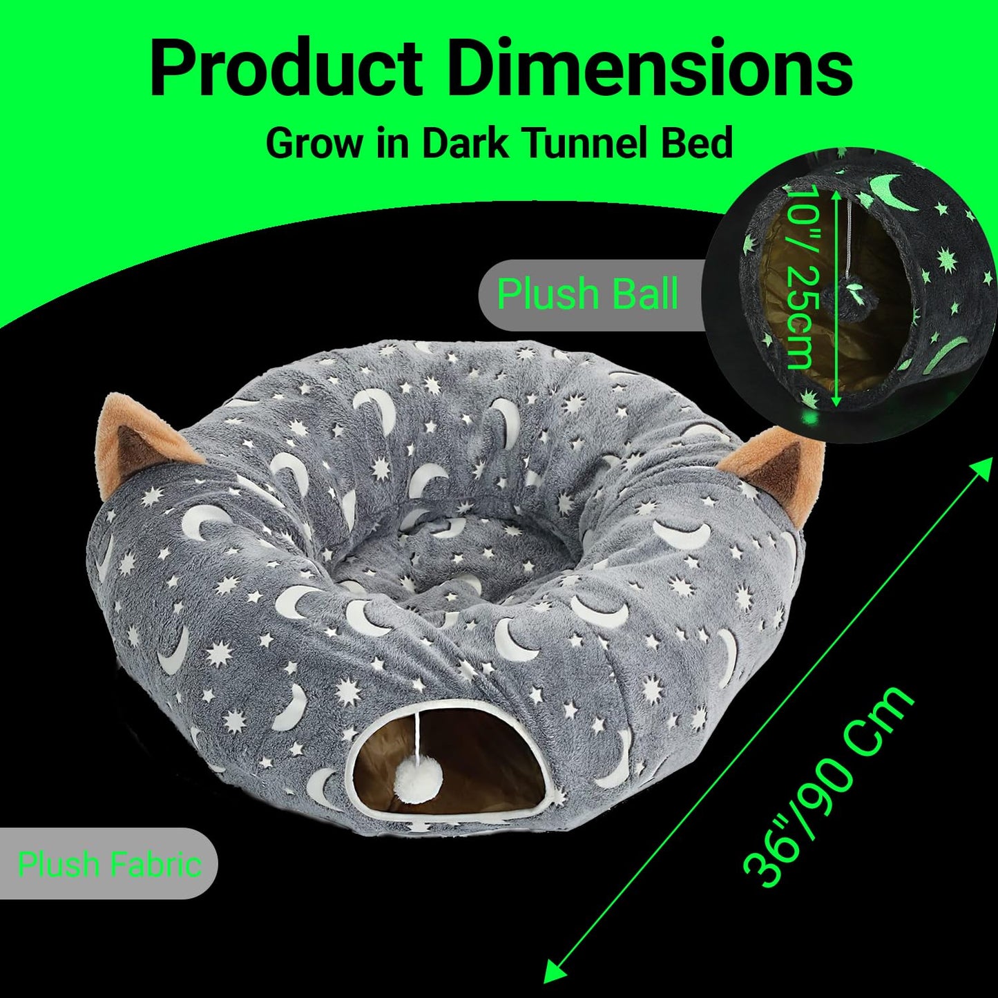 LUCKITTY Cat Tunnel Bed Tube with Cushion and Plush Ball Toy Playground Crinkle Collapsible Self-Luminous Flannel Fabric 3FT for Large Cats Kittens Kitty Small Animals Puppy Grey Moon Star