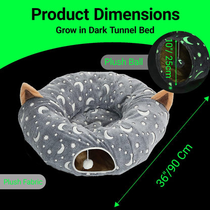 LUCKITTY Cat Tunnel Bed Tube with Cushion and Plush Ball Toy Playground Crinkle Collapsible Self-Luminous Flannel Fabric 3FT for Large Cats Kittens Kitty Small Animals Puppy Grey Moon Star