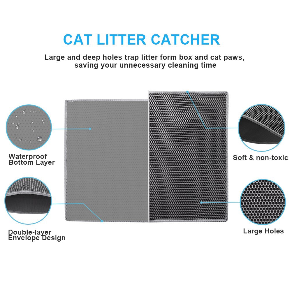 Pieviev Cat Litter Mat Trapper - 76 x 61cm Honeycomb Double Layer Tapis Litiere Chat -Traps Messes, Easy Clean and Durable (Gray)
