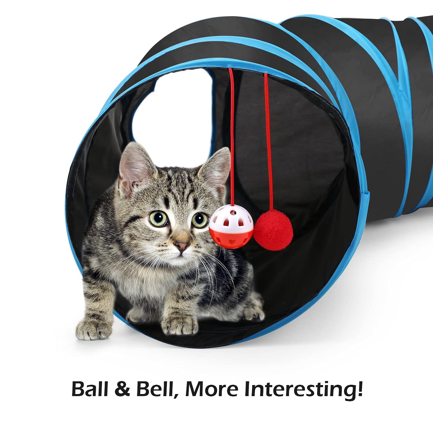 Pawaboo Cat Toys, Cat Tunnel Tube S-Shaped Tunnels 25x97cm Extensible Collapsible Cat Play Tent Interactive Toy Maze Cat House with Balls and Bells for Cat Kitten Kitty Rabbit Small Animal, Blue