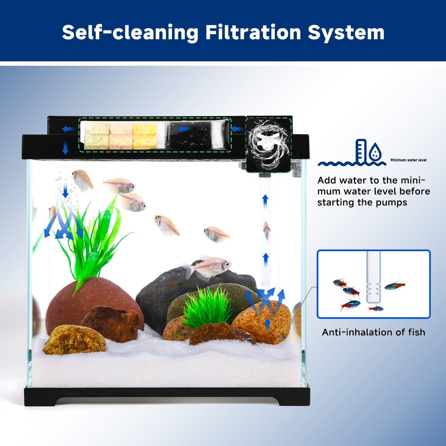 Petit aquarium en verre AQQA, kit de démarrage autonettoyant de 2,4 gallons, contrôleur externe USB, éclairage réglable 4 couleurs, système de filtration supérieur à commande individuelle (noir)