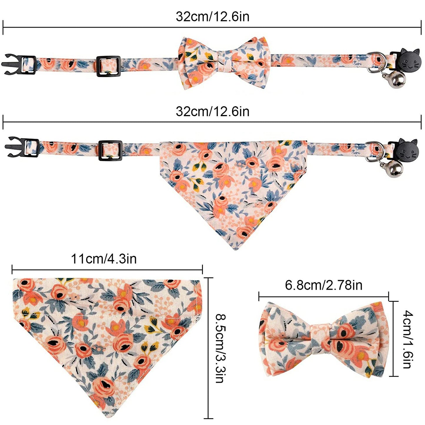 Kettion 2Pcs Breakaway Cat Collar with Bow Tie Bandana, Kitten Collar, Removable Bowtie Bandana, Cute Flower Pattern with Bell for Cat Puppy, Soft Adjustable Collar for Dogs and Cats Pets