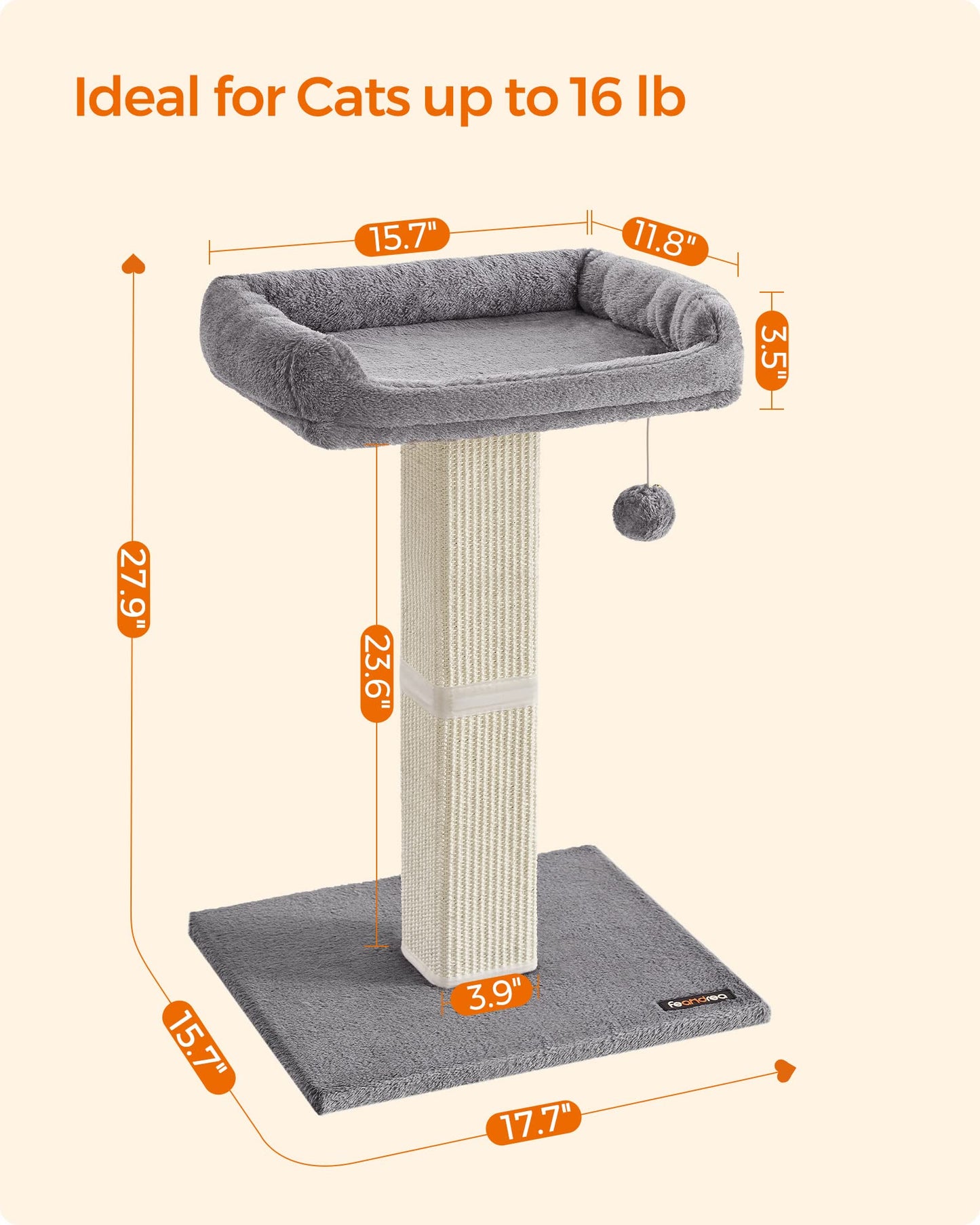 Arbre à chat Feandrea, griffoir avec perchoir supérieur, entièrement recouvert de sisal tissé, pompon, housse amovible et lavable, gris clair UPCA022W01