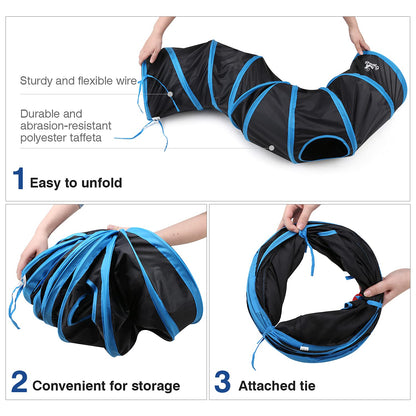 Pawaboo Cat Toys, Cat Tunnel Tube S-Shaped Tunnels 25x97cm Extensible Collapsible Cat Play Tent Interactive Toy Maze Cat House with Balls and Bells for Cat Kitten Kitty Rabbit Small Animal, Blue