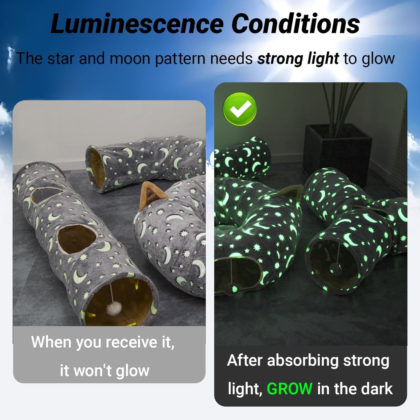 LUCKITTY Cat Tunnel Bed Tube with Cushion and Plush Ball Toy Playground Crinkle Collapsible Self-Luminous Flannel Fabric 3FT for Large Cats Kittens Kitty Small Animals Puppy Grey Moon Star