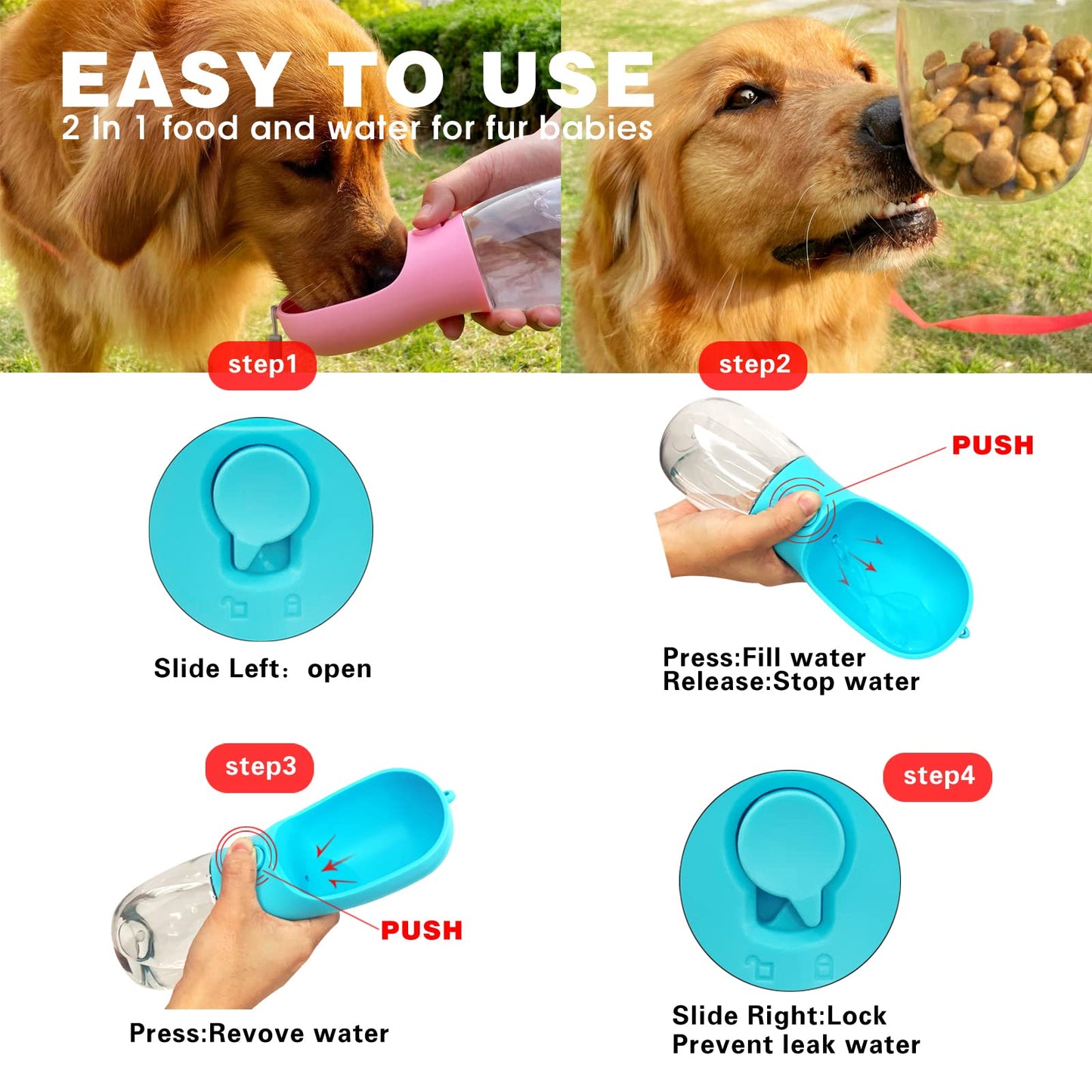 Bouteille d'eau portable pour chien AVELORA avec récipient pour nourriture, distributeur d'eau portable pour chat, lapin, chiot et autres animaux de compagnie pour la marche, la randonnée et les voyages (19 oz)