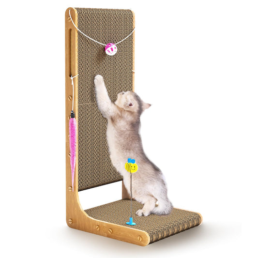 Griffoir pour chat Eosarcu, 75 cm, griffoir en forme de L pour chats d'intérieur, anti-griffures pour meubles avec clochettes, boules de poils, herbe à chat, taille XL