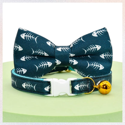 Collier pour chat en forme d'arête de poisson avec nœud papillon, collier de sécurité détachable, accessoires pour chat pour mariage/anniversaire, nœud papillon réglable, grelot amovible