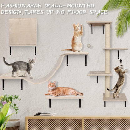 Meubles muraux pour chats Almcmy, ensemble de 4 meubles muraux pour chats, arbre à chat avec griffoir, maison, pont, perchoir flottant, étagères murales modernes pour chats dormant, jouant et grimpant, beige