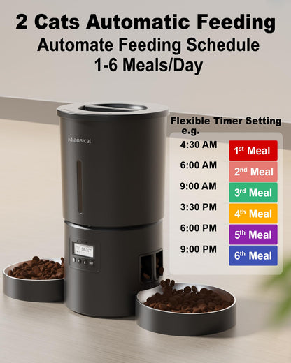 Miaosical Dual Automatic Cat Feeder 2 Cats,6 Meals/Day,12 Portions/Meal,4.2L Dual Power Double Bowls Feeder,Dry Food Auto Pet Dispenser,10S Voice Record,Flexible Schedule Timer(Black,Basic 2 Bowls)