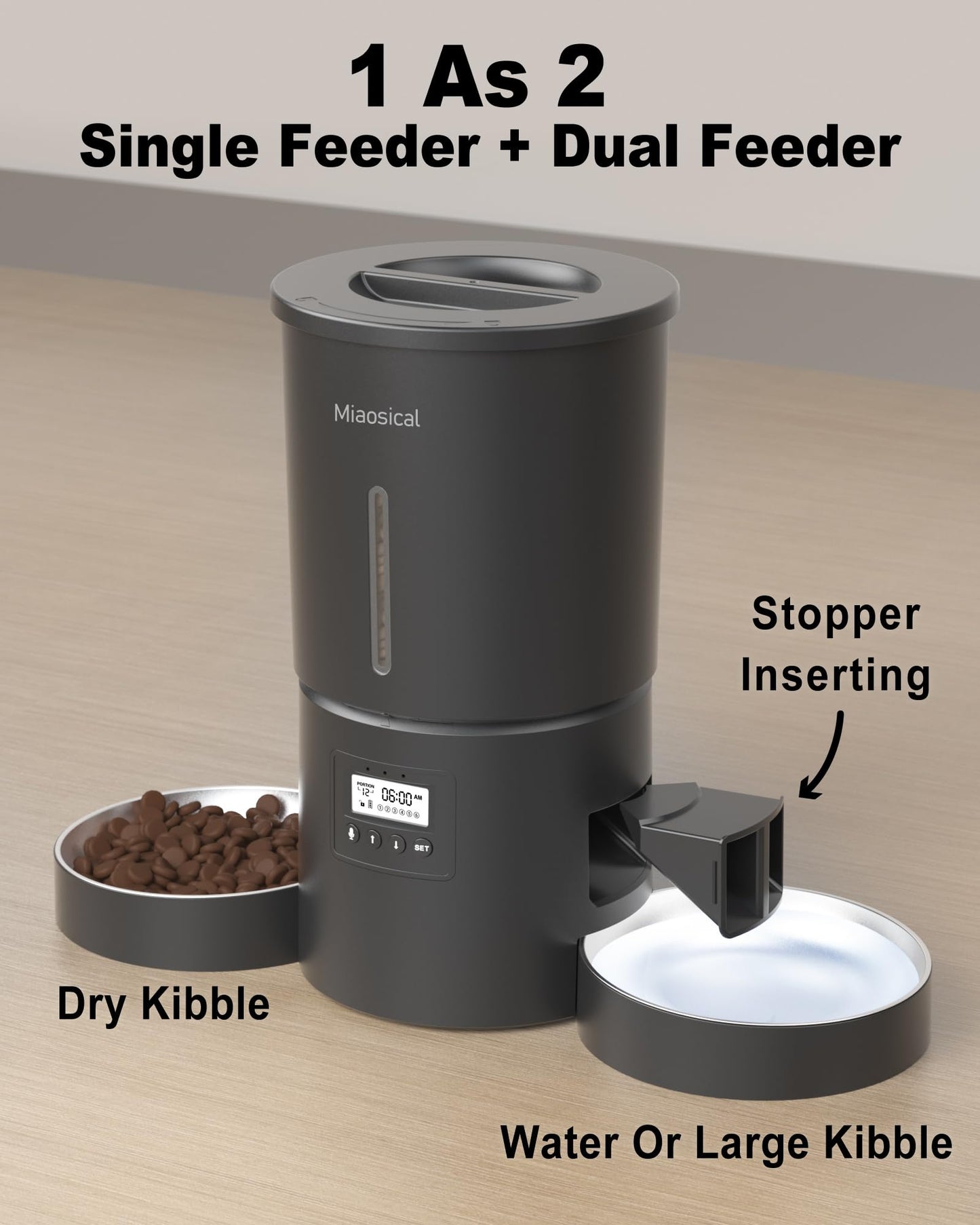 Miaosical Dual Automatic Cat Feeder 2 Cats,6 Meals/Day,12 Portions/Meal,4.2L Dual Power Double Bowls Feeder,Dry Food Auto Pet Dispenser,10S Voice Record,Flexible Schedule Timer(Black,Basic 2 Bowls)